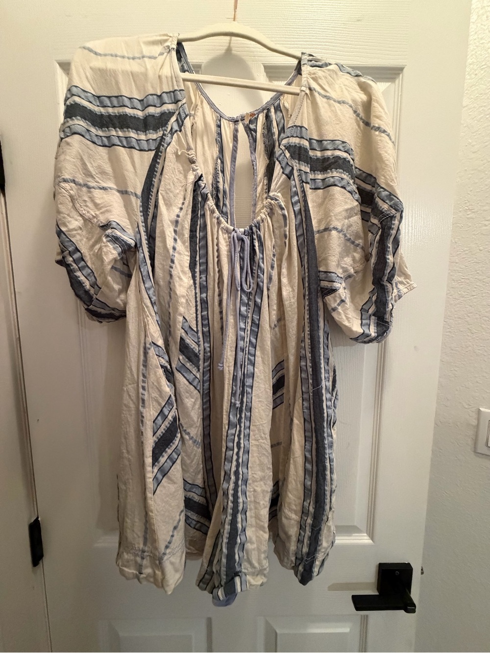 Free People Cream and Blue Striped Tie-Front Boho Tunic